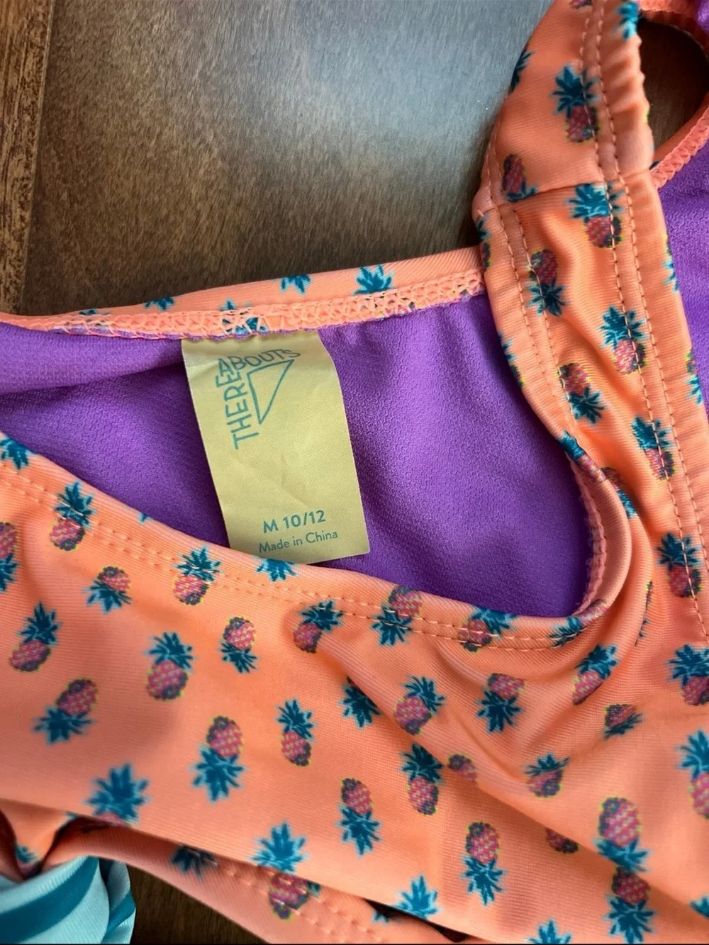 Two-Tone Knot Front Girls' Swimsuit - Orange Pineapple Top & Teal Striped Bottom